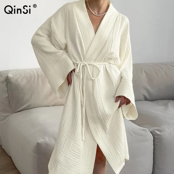 CHINEE QINSI V Neck Nightwear Loose Sleeve Muslin Natural Cotton Bath Robes for Women Pijamas Spa Robe With Belt Kimono Dressing Gown