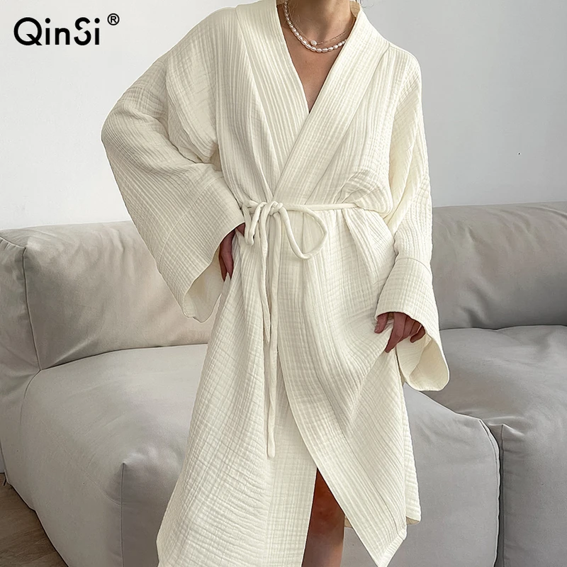 CHINEE QINSI V Neck Nightwear Loose Sleeve Muslin Natural Cotton Bath Robes for Women Pijamas Spa Robe With Belt Kimono Dressing Gown