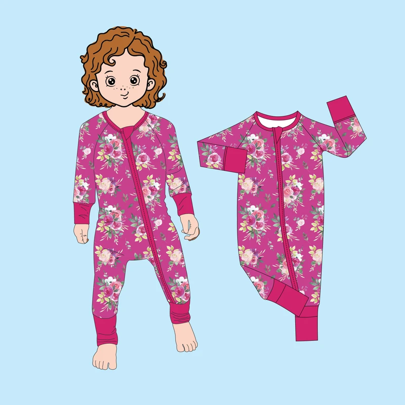 CHINEE Qingli OEM Custom Factory NO Tariff Baby Kids Flower Printed Romper Long Sleeve Front Zipper Jumpsuit Kids Pajama Zippy
