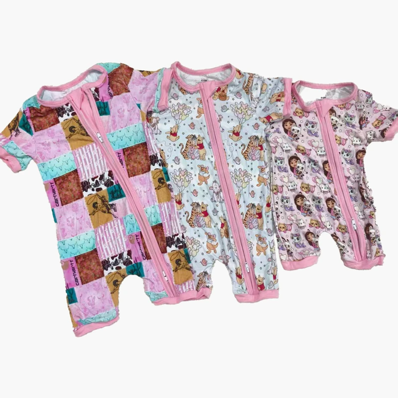 CHINEE RTS Bamboo Shorties Baby Double Zip Western Print Summer Baby Romper Infant Breathable Pajamas Baby Kids Short Zippy
