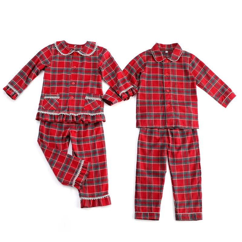 CHINEE RTS NO MOQ Sibling Matching PJS Baby Girls Boys Tartan Family Matching Christmas Pajama Sets Red Gingham Flannel Pajamas