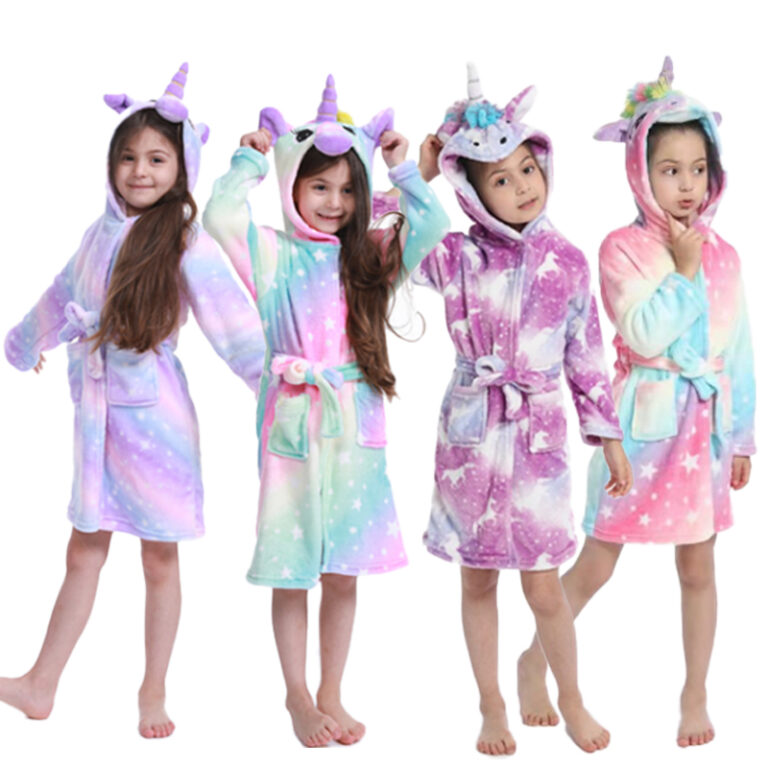 CHINEE-Rainbow-unicorn-Bathrobes-Flannel-Fleece-Robes-7-12-Girls-Soft-Plush-Pijamas-Blue-Pink-Bathrobes