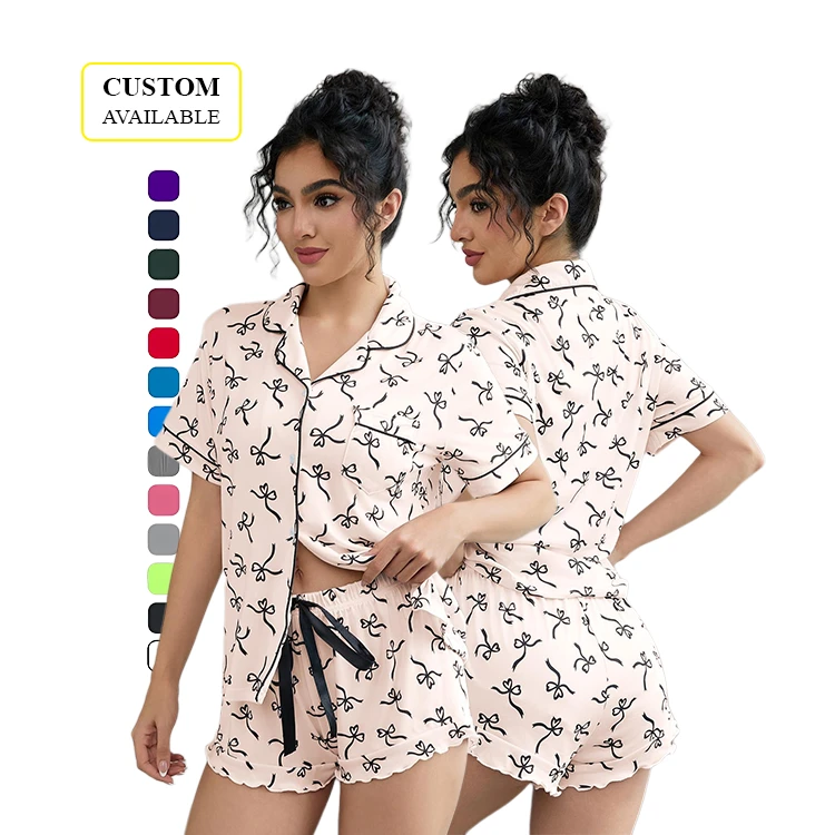 CHINEE Ready to Ship Women's Sleepwear Summer Striped Short Sleeve and Shorts Casual Pajamas