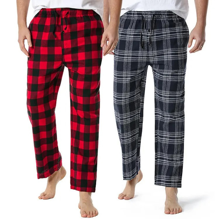CHINEE Reliable Canvas Flannel Trousers Pajama for Adults Boys Casual Sleepwear Drawstring Waist Plaid Design Lightweight Nonwoven