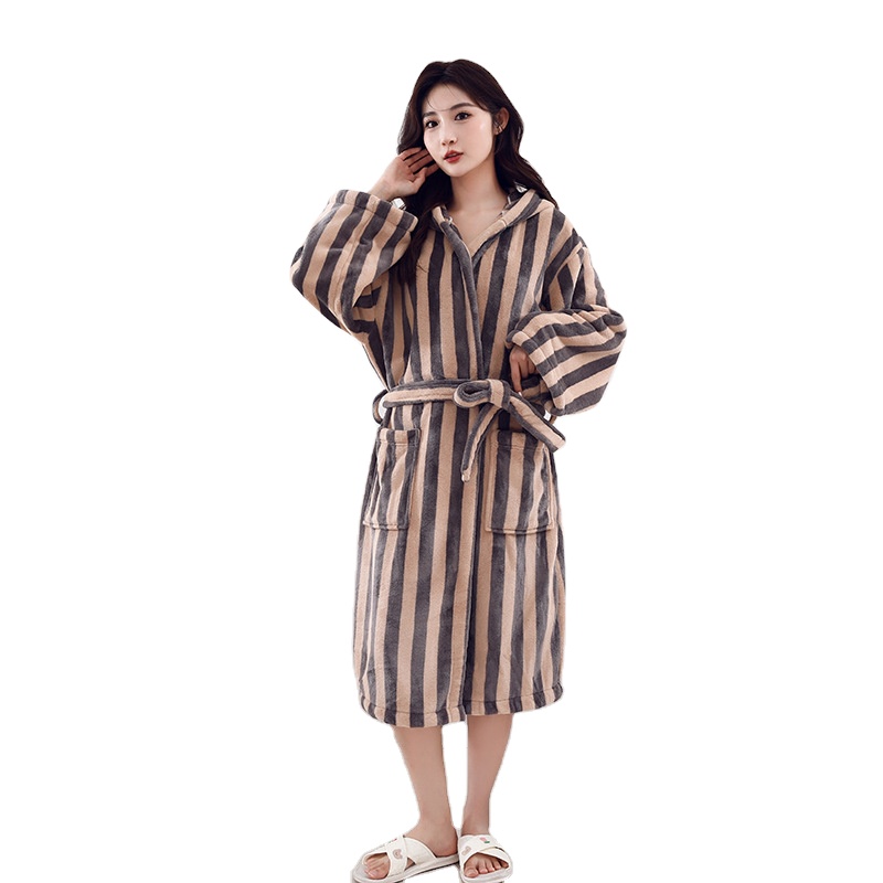 CHINEE Retro Knee Length Dressing Gown Knee Length Bath Robes Hooded Green Stripe Winter Home Good Absorption Bathrobe
