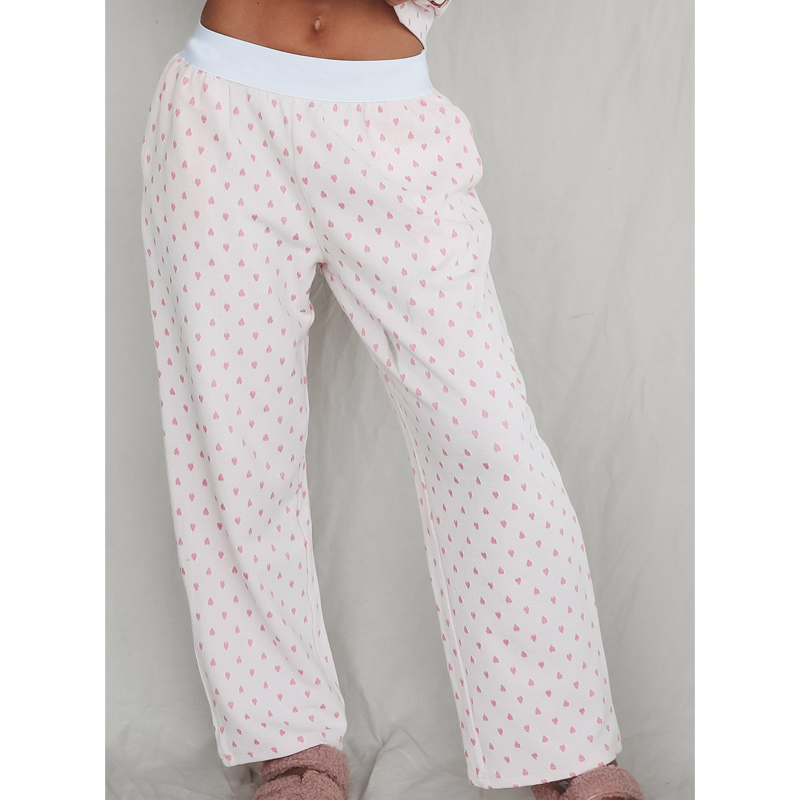 CHINEE Rib Knit Classic Lounge Pant Womens Cozy Pajamas Bottom Ribbed Knit Wide Leg Pajama Pants Pink Heart Pajama Pants