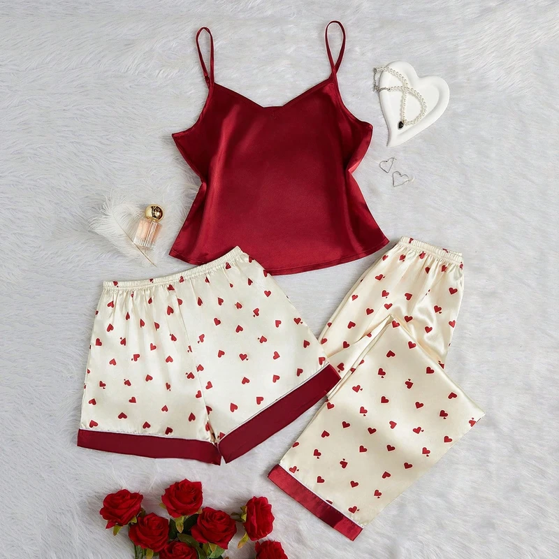 CHINEE Romantic Heart Print Women's Three Piece Pajama Set Red Satin Smooth Loungewear For Summer Spring And Fall