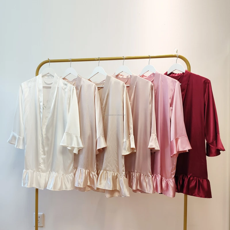 CHINEE Ruffle Long Sleeve Solid Satin Wedding Robes for Bridal Robes for Bridesmaid and Bride Robes