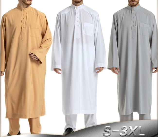 CHINEE S 3XL Standing Neck Robe Men's Middle Eastern Arabian Solid Long Sleeve Robe Set Two Pieces