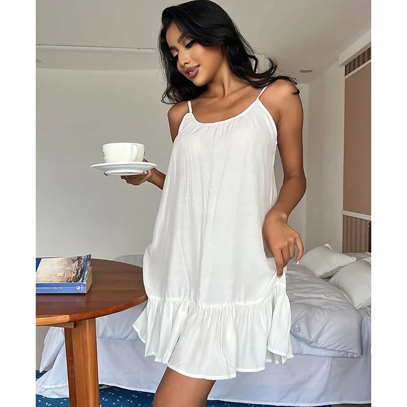 CHINEE SMOOTH Summer 100% Rayon Rayon Soft Skin friendly Camisole Backless Short Ruffled Nightgown for Women's Loungewear