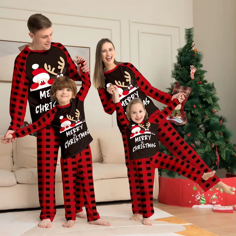 CHINEE Santa Christmas Pajamas Family Matching Sets Holiday Plaid Elastic Waist Autumn Knitted for Women Men Kids