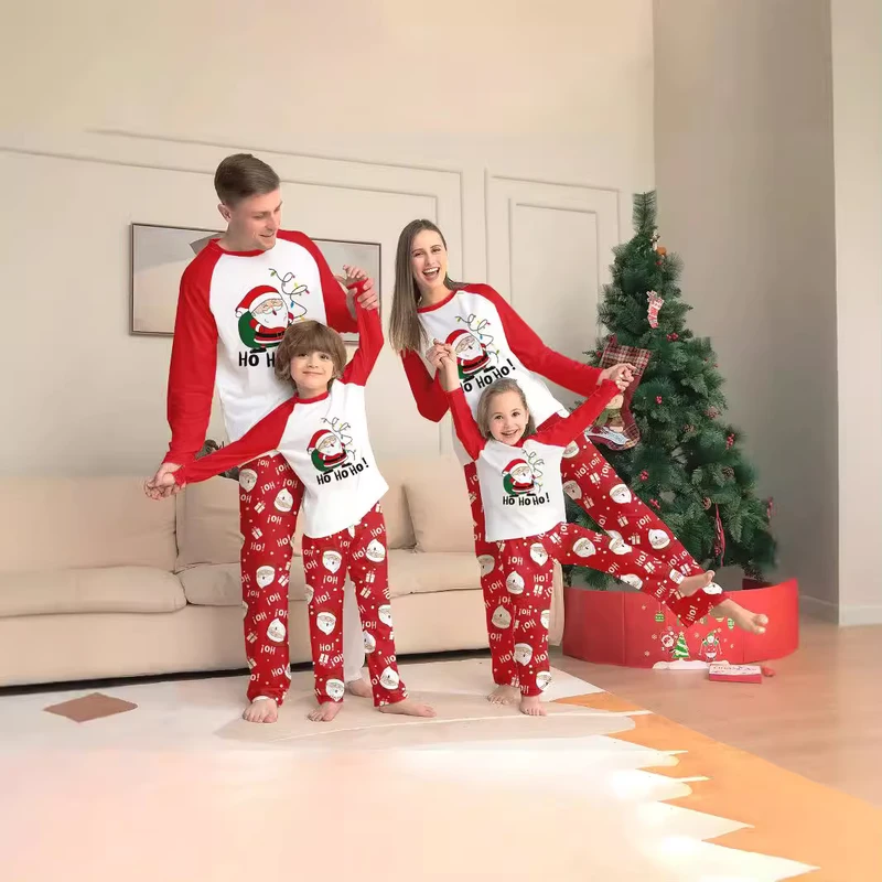 CHINEE Santa Claus Print Christmas Pajamas Set Round Neck Cartoon Family Matching Sleepwear Comfortable Holiday Homewear