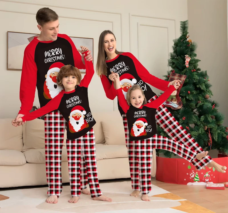 CHINEE Santa Claus Printed Home Wear Red and Black White Plaid Matching Christmas Parent child Family Pajamas