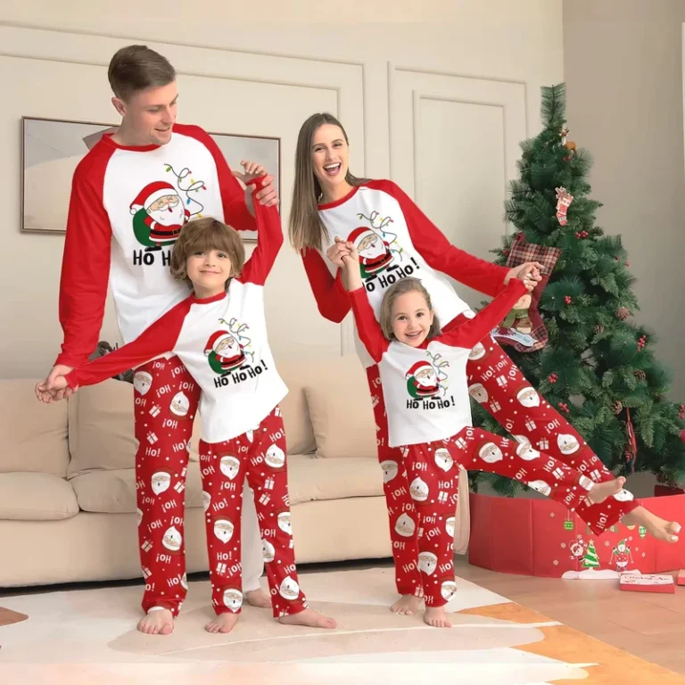 CHINEE-Santa-Claus-Printed-Round-Collar-Raglan-Sleeves-Red-And-White-Contrasting-Color-Parent-Child-Home-Wear-Pajamas-Set