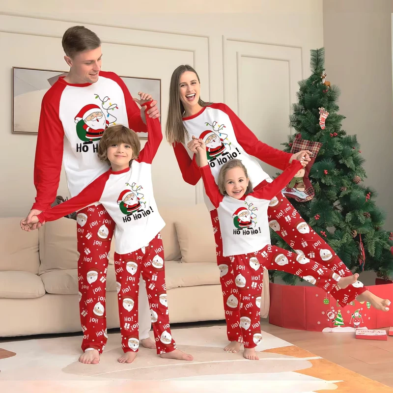 CHINEE Santa Claus Printed Round Collar Raglan Sleeves Red And White Contrasting Color Parent Child Home Wear Pajamas Set