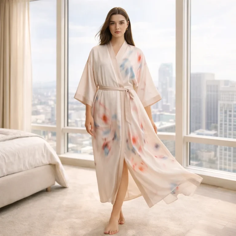 CHINEE Satin Kimono Spa Robe for Women Floral Print Long Robe With Waist Belt for Spa and Wellness Centers