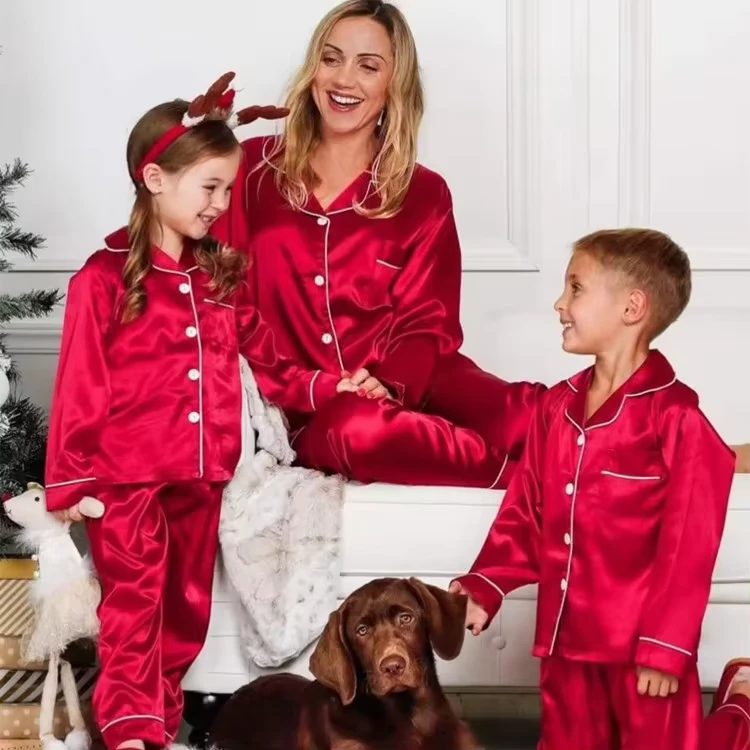 CHINEE Satin Silk Family Matching Christmas Pajama Children's Satin Christmas Pajamas Family Pj Sets Women Satin Sleepwears Christmas