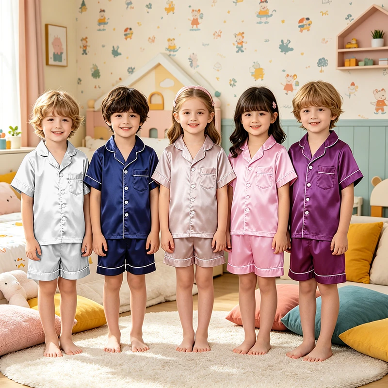 CHINEE Satin Silk Kids Pajamas Kids Sleepwear Toddler Clothes Short Sleeve Clothing Summer Children Boys Girls Pajama Set