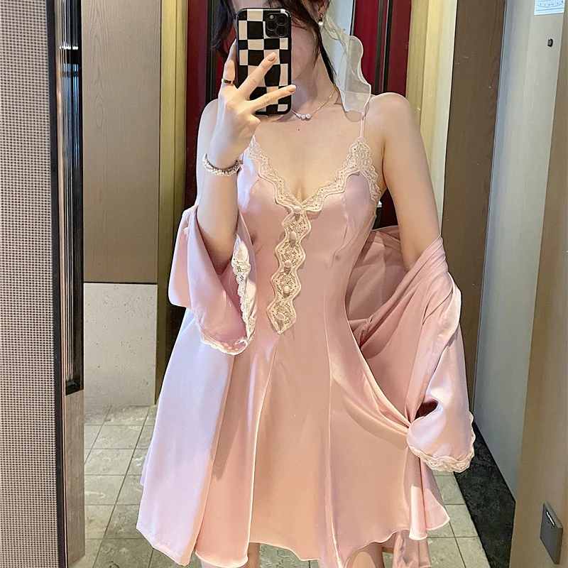 CHINEE Satin Silk Pyjamas Two Pieces Pajamas Set Robe Night Dress Women'S Solid Sleepwear