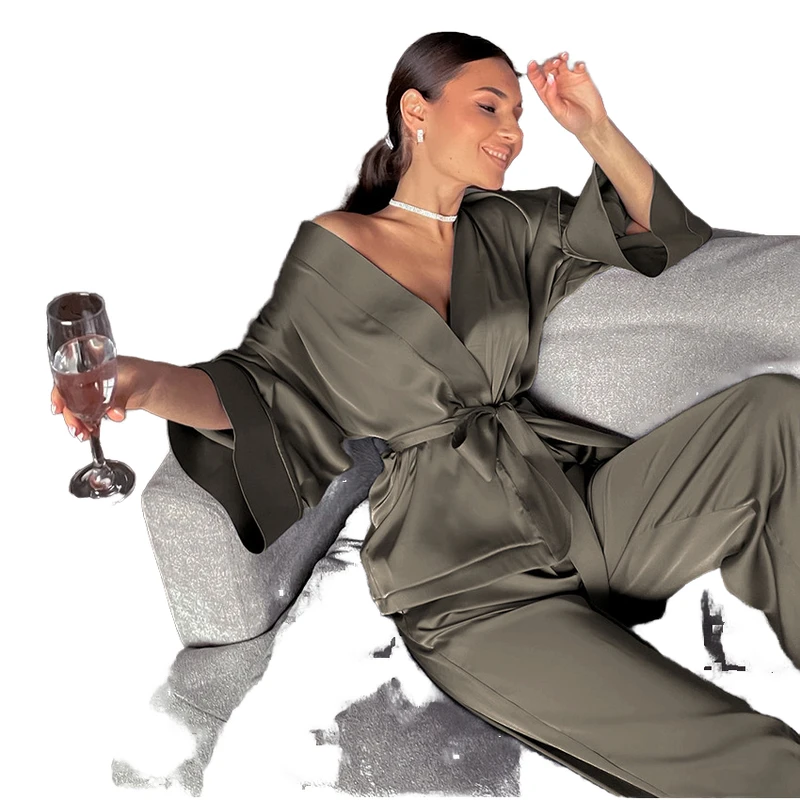 CHINEE Satin Women's Nightgowns Long Sleeve Sleepwear Short Sexy Pajamas Night Dress Bathrobe Nightwear