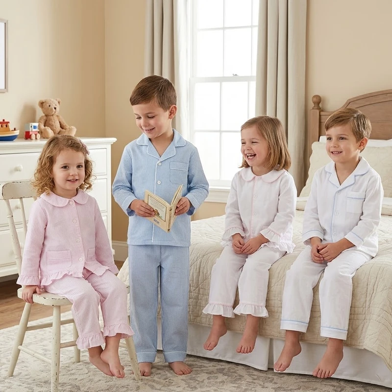 CHINEE Seersucker 100% Cotton Kids Boy Girl Pajamas Striped Toddler Sleepwear Set Ruffle Nightwear Boutique Children Loungewear