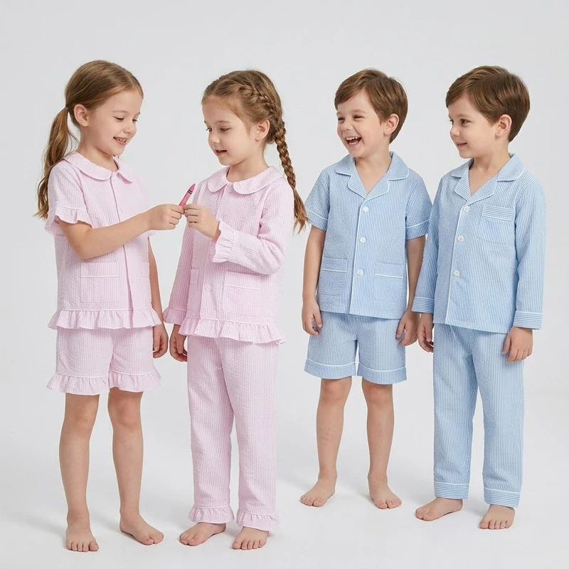 CHINEE Seersucker Kids Pajamas Set Toddler Nightwear Children Sleepwear Loungewear Striped Pjs Peter Pan Collar Ruffled Girls Outfits