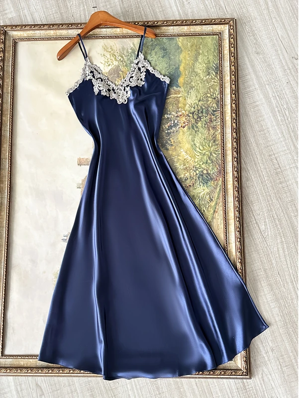 CHINEE Sexy Breathable Elegant Casual Solid Color Long Satin Pajamas Night Dress with Lace for Women Summer Autumn Spring