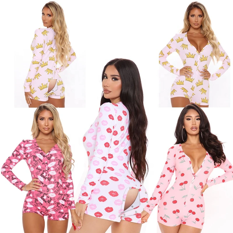 CHINEE Sexy Hot v Neck Women Print Button Crotch Facecover TWO PIECE Long Sleeve Bodycon Ladies Pajamas Sleepwear Onesie