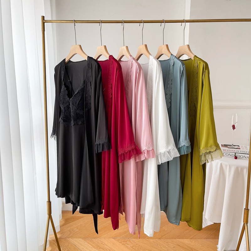 CHINEE Sexy Ice Silk Fabric Women's Sling Nightdress + Night robe Lace Splice Hollow Back With Cushion Two Piece Nightwear