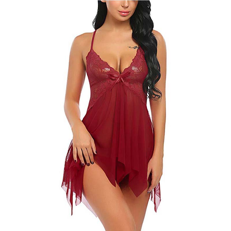 CHINEE Sexy Lace Babydoll Strap Chemise V Neck Nightwear Sleepwear Nightdress Lingerie for Women
