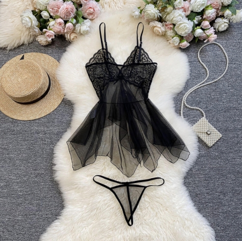 CHINEE Sexy Lingerie Women's Mesh Deep V Pajamas Lace Nightdress
