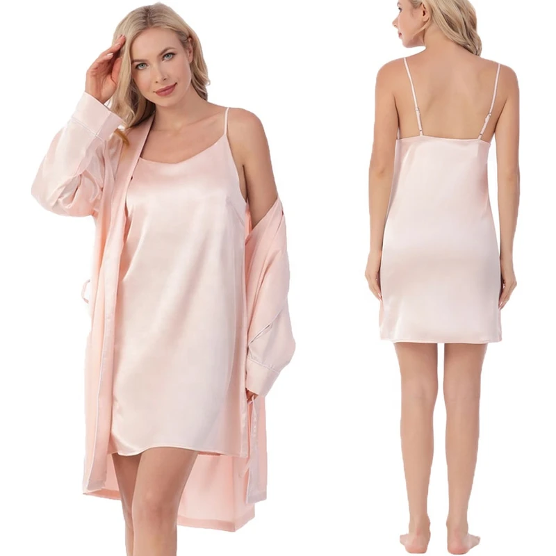 CHINEE Sexy Luxury Women's Silk Satin Summer Soft Nightgown Solid Blush Bridal Wedding Party Shorts V neck Sleeveless Slip Dress Cami