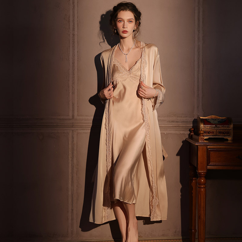 CHINEE Sexy Nightgown Women's Long Style Nightgown Robe Set Summer Spring and Autumn Camisole Lace Home Wear Set