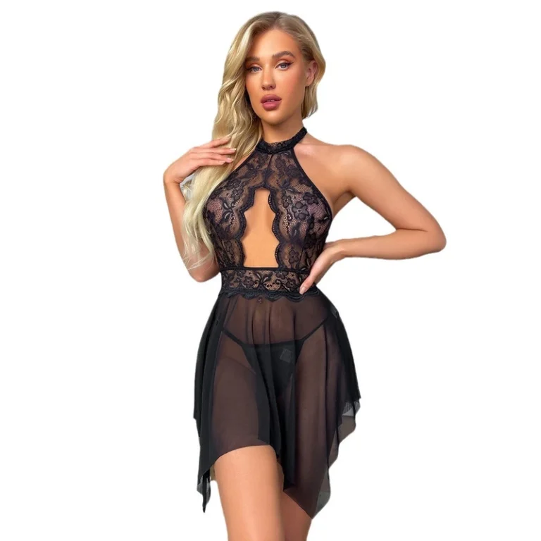 CHINEE-Sexy-Non-Take-Off-Nightdress-for-Plus-Size-Women-Lace-Neck-Mesh-Stitching-Lingerie-with-Woven-Weave-Method