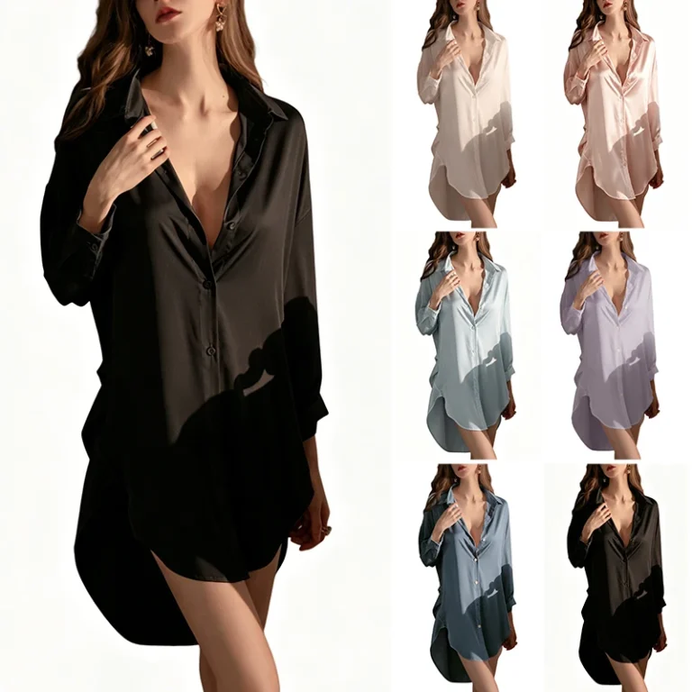 CHINEE-Sexy-Silk-Satin-Knee-Length-Short-Sleeve-Front-Button-Nightgown-Sleepwear-Lingerie-Pjs