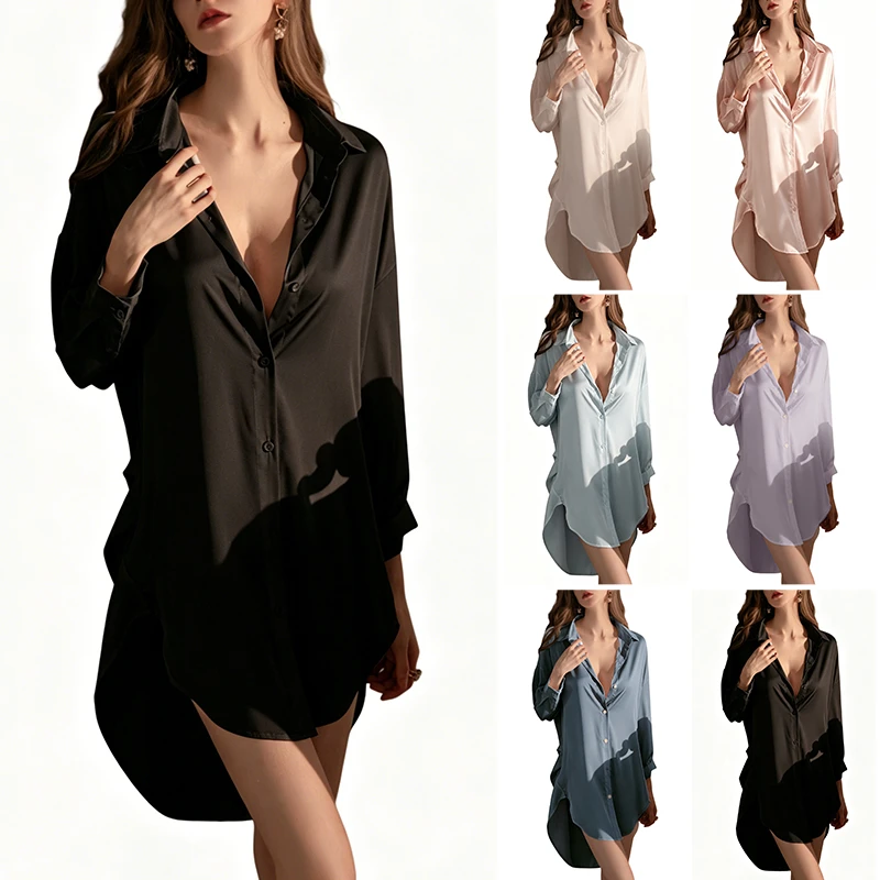CHINEE Sexy Silk Satin Knee-Length Short Sleeve Front Button Nightgown Sleepwear Lingerie Pjs
