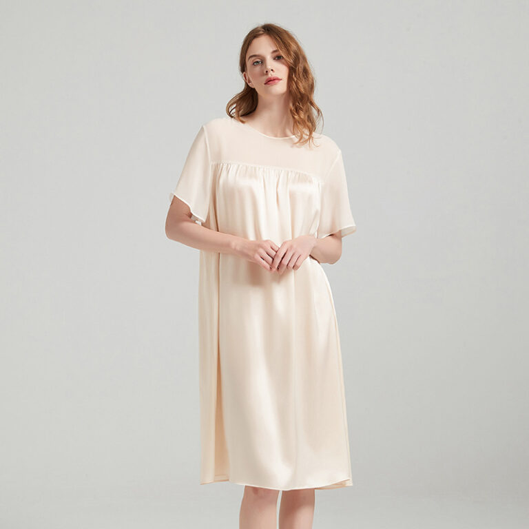 CHINEE-Sexy-Silk-Satin-Nightdress-Solid-Color-Silk-Patchwork-Georgette-Elegant-Nightdress-With-Back-Collar-V-Shaped-Opening-Button