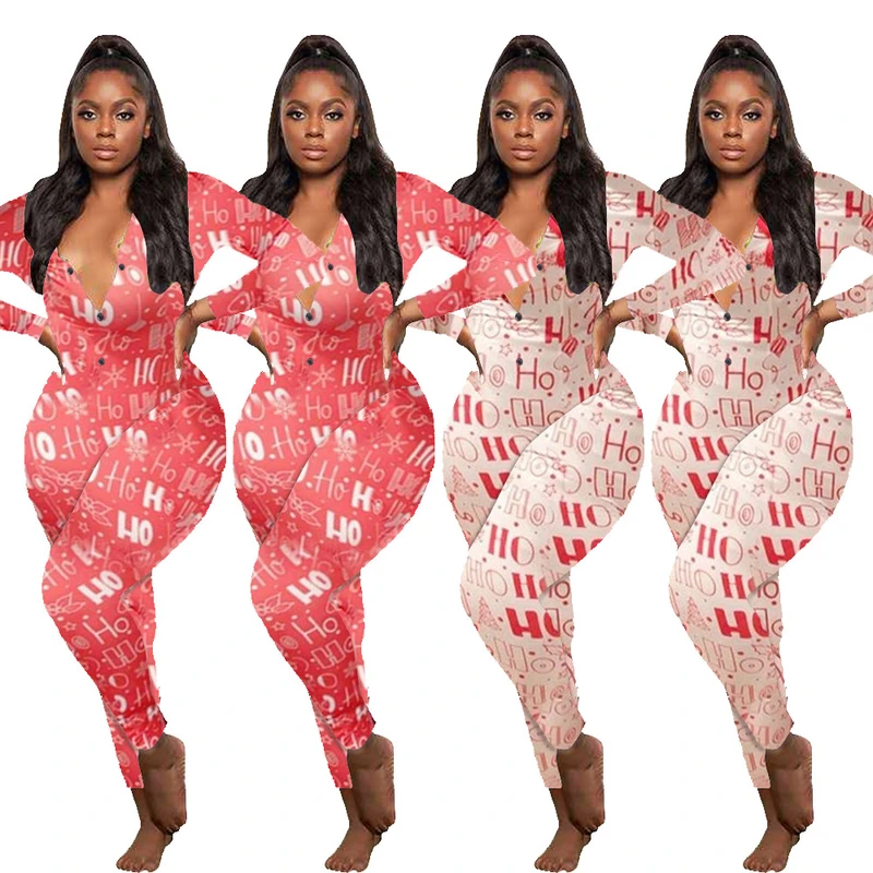 CHINEE Sexy Women Print Christmas Onesies Bodysuit Bodycon Sleepwear Jumpsuit Shorts Romper Long Pant Long Sleeve Onesie Pajama Adult