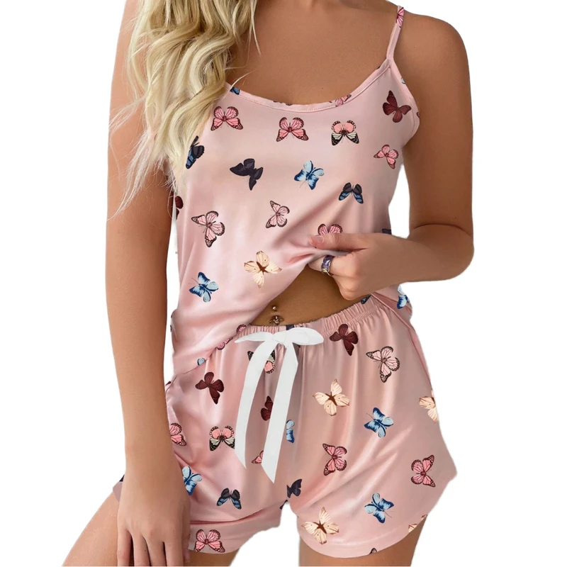 CHINEE Sexy Women's Summer Breathable Knitted Combo Pajama Set Pattern Printed Camisole Top Robe with Shorts Sleepwear QS1027G10