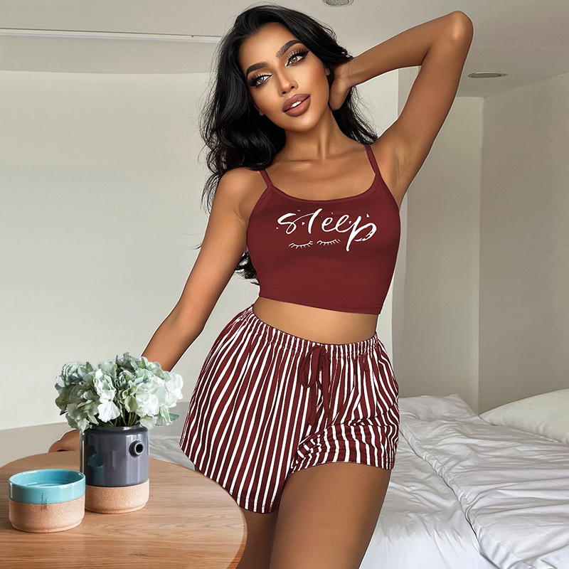 CHINEE Shiny Letter Stripes Women's Sexy Lingerie Sleepwear Sets Women Cute Night Wear Two Pieces Pajamas Lounge Sleep Wear Sets