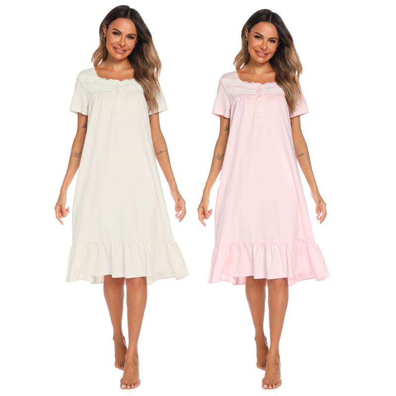 CHINEE Short Sleeve Square Collar Printed Cotton Casual Elegant Knee Length Comfortable Loose Plus Size Women's Summer Nightgown Fresh