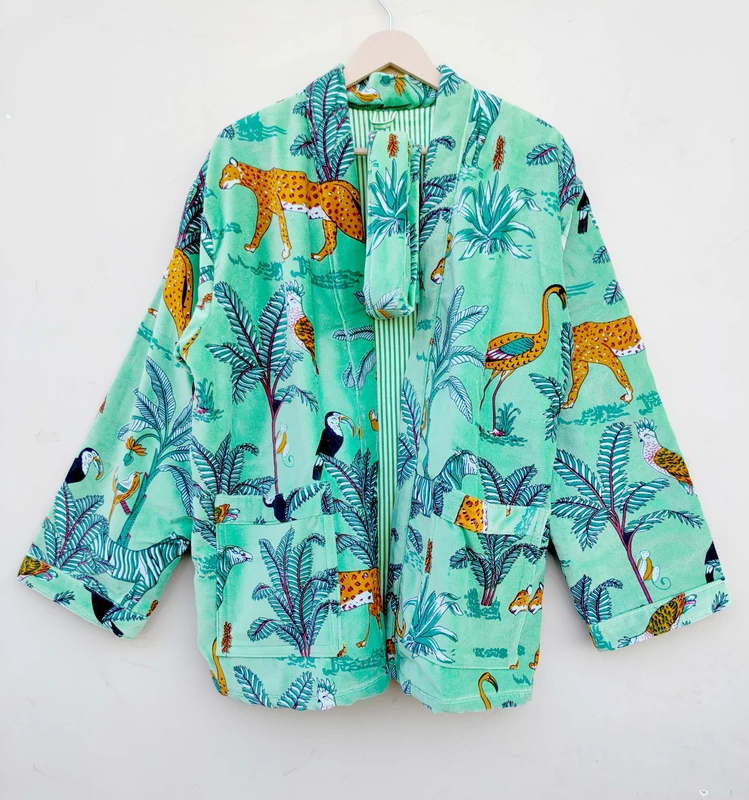 CHINEE Short Velvet Printed Kimono Robe Boho Kimono Indian Cotton Lining Love Classic Gift for Adults Winter