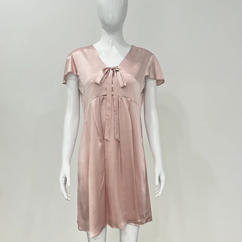 CHINEE Silk Night Dress for Woman Chest Bow Design for All Kinds of Ladies to Wear Solid color Women's Dress