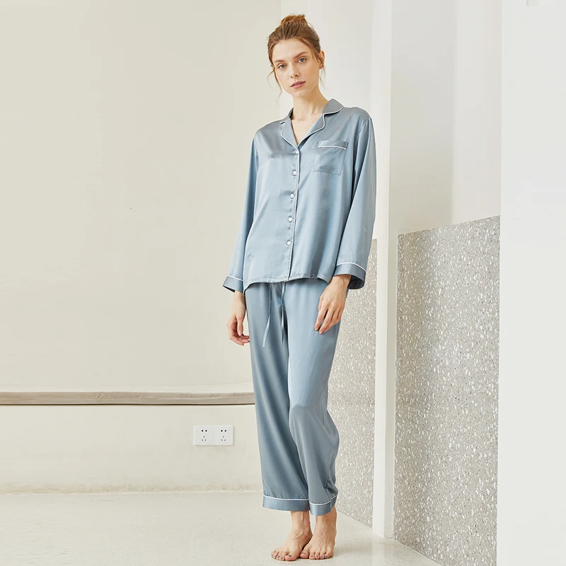 CHINEE Silk Pajamas Ladies Pajama Autumn Silk Solid Color Long Sleeve Two Piece Pajama Set Loose Silk Nightgown Sleepwear Set