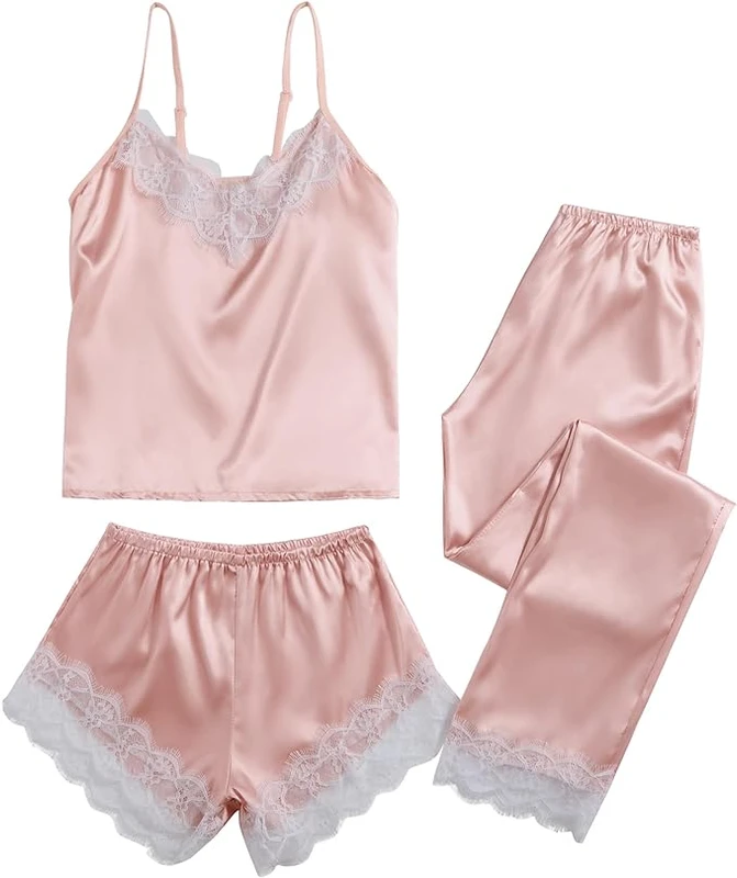 CHINEE Silk Pajamas Women Lace Sleepwear Lingerie Cami Shorts Set Nightwear