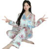 CHINEE Silk like Fabric Cartoon Animal Print Women's Long sleeve Top and Pants Comfortable Pajamas