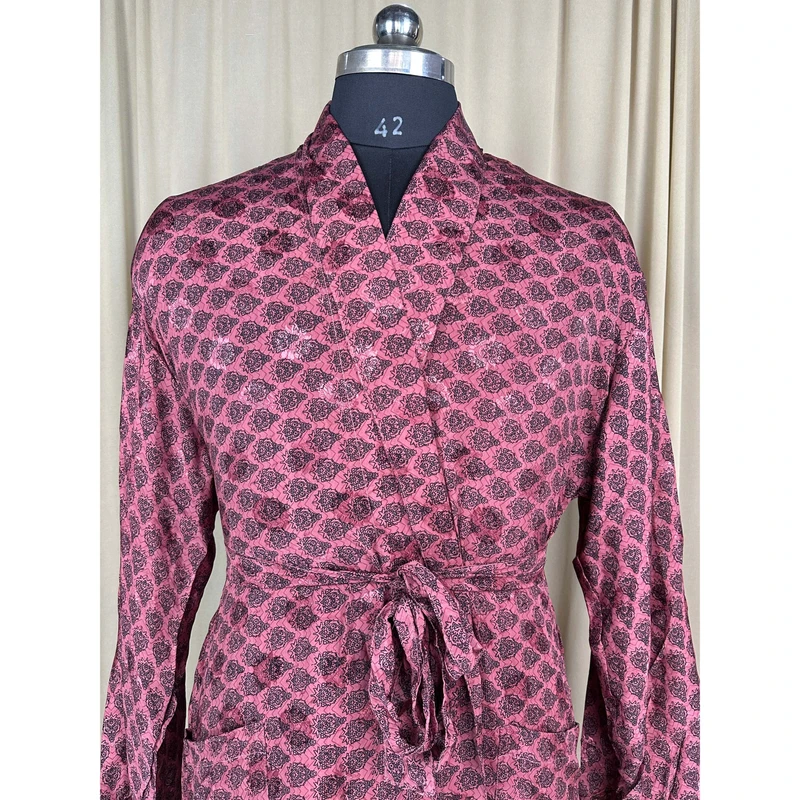 CHINEE Silky Soft Printed Men's Satin Long Sleeve Kimono Robe Free Size Elegant Vintage Beach House Wear Timeless Comfort Sustainable