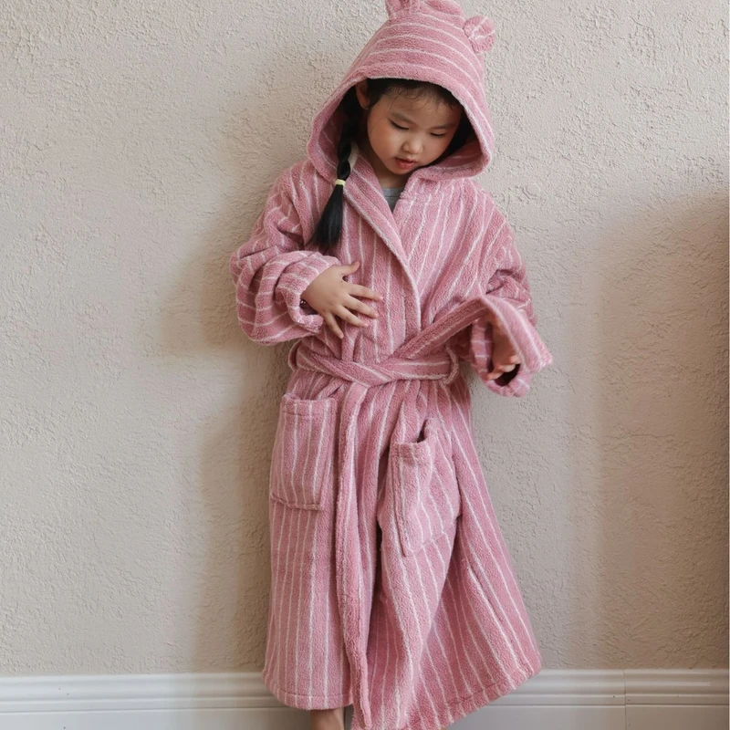 CHINEE Simple Stripe Children's Bathrobe Class a Kids Water Absorbent Bathrobe Combed Long Staple Cotton Bath Robe