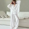 CHINEE Sleepwear Nighty Bathrobe Solid Long Sleeve Trouser Pajama Modal Sleepwear Women Loose Loungewear 2 Pieces Set