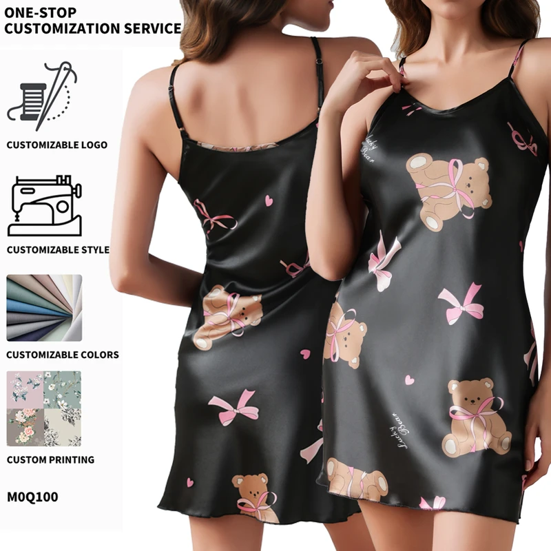 CHINEE Sleepwear Shorts Women Printed Casual Soft Satin Breathable Home Night Loungewear